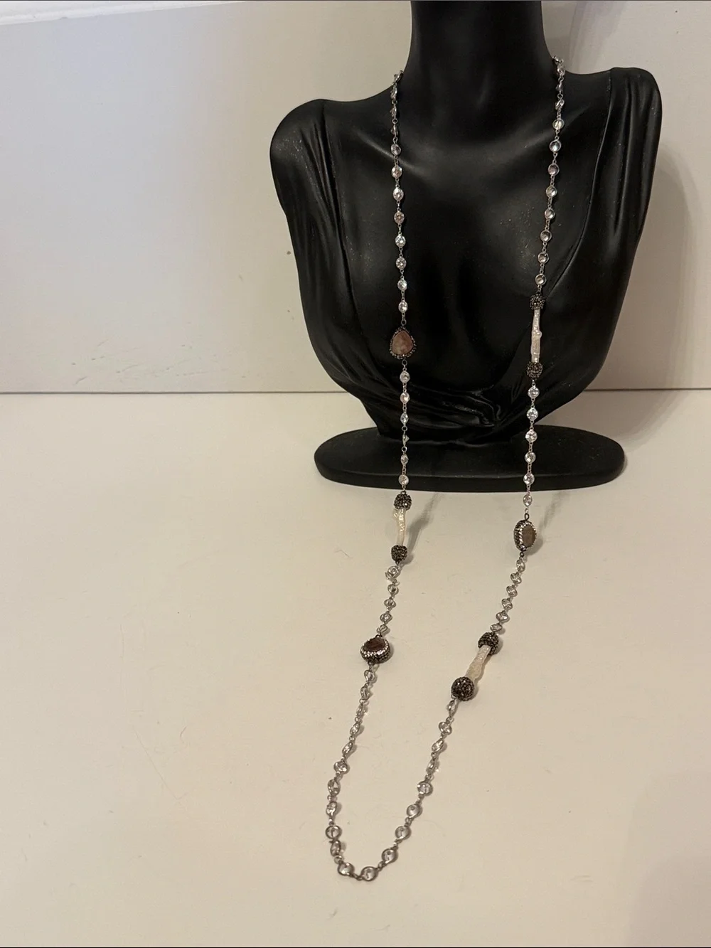 NECKLACE STERLING SILVER CHAIN BEZEL SET CRYSTALS WHITE BAROQUE PEARLS PAVE 37”
